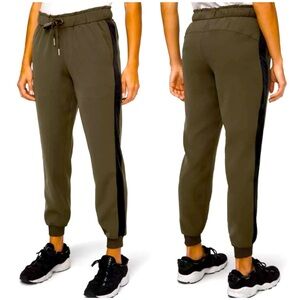 Lululemon Olive Green On the Fly Joggers Black Velvet Side Stripe Pants